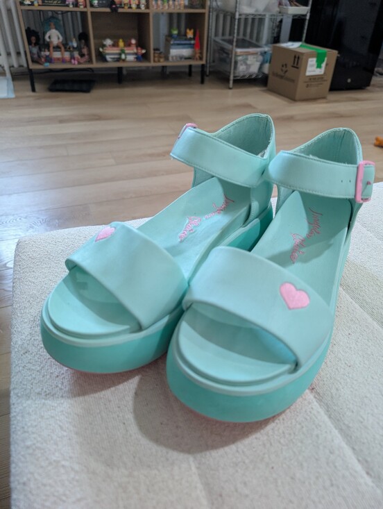 Irregular Choice Shoes - Irregular Choice Mint Green Platform Sandals with Pink Heart Accent